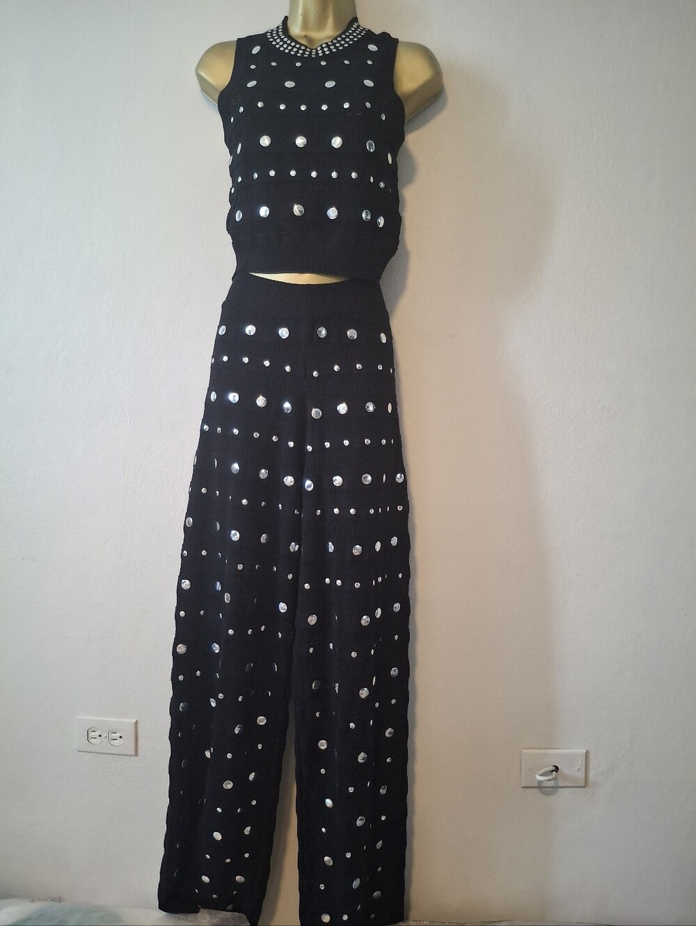 Studded Black Knit Two-Piece Pants Set